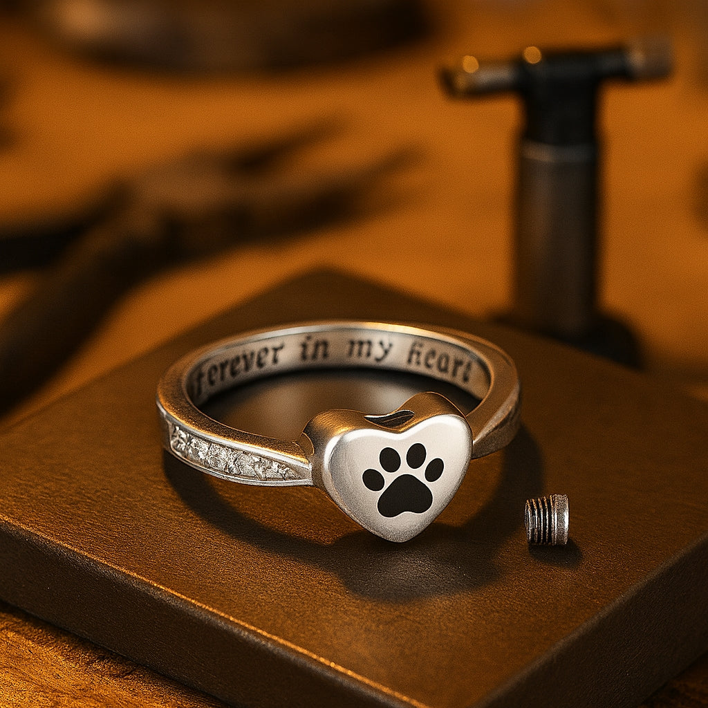Anillo Urna Conmemorativo con Diseño de Huella y Corazón
