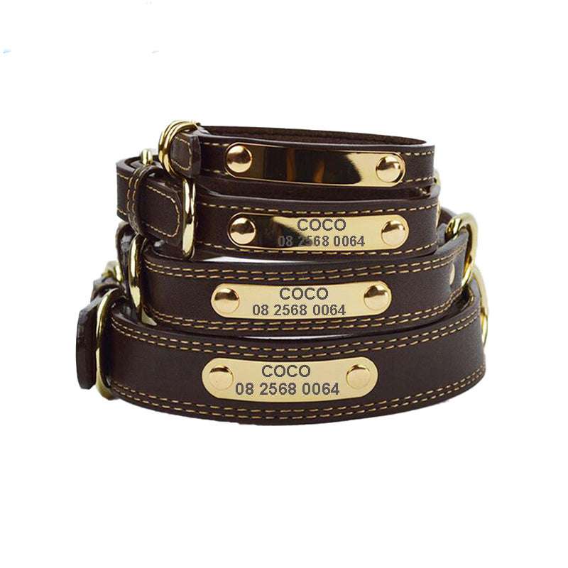 Collar de Cuero Genuino Personalizable con Placa de Identificación