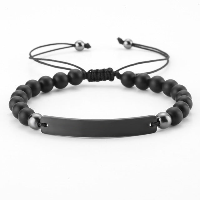 Pulsera de Obsidiana y Acero con Barra Grabable - Personalizable