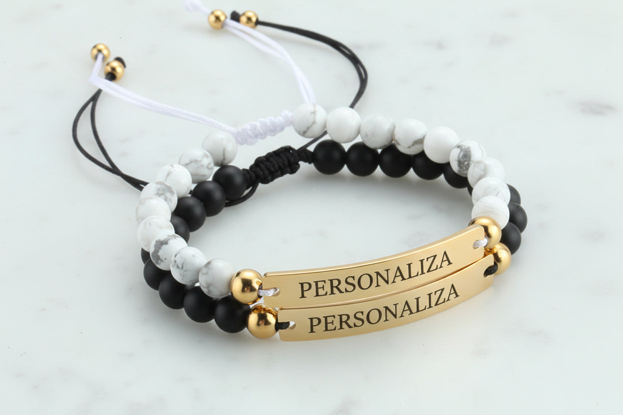 Pulsera de Obsidiana y Acero con Barra Grabable - Personalizable