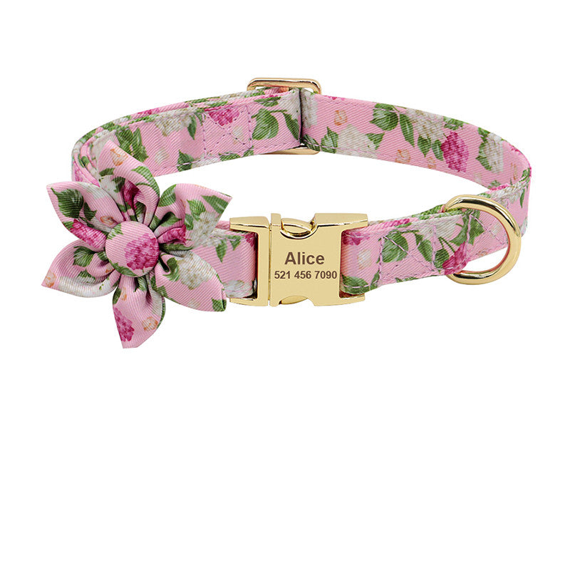 Collar de Nylon Estampado con Flor Desmontable y Placa Grabada Personalizable