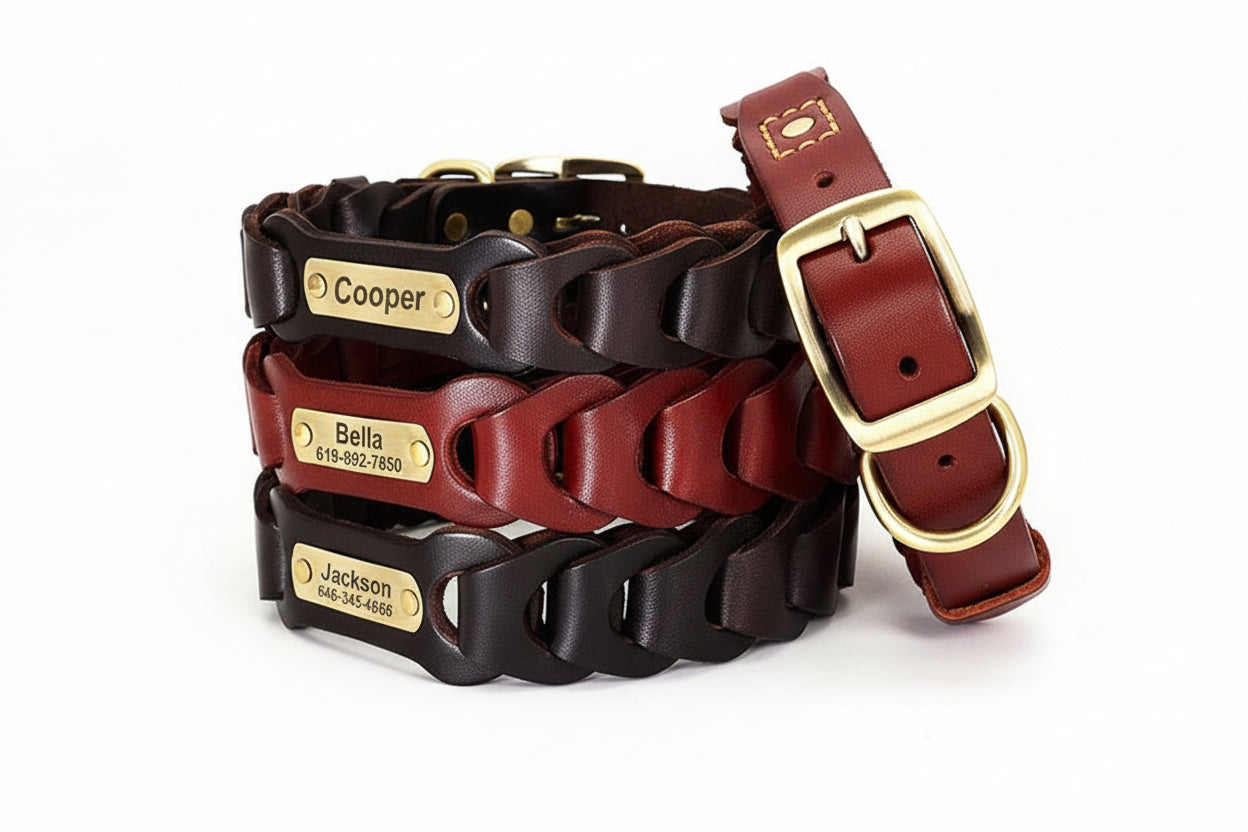 Collar de Cuero Trenzado Personalizable para Perros Medianos y Grandes