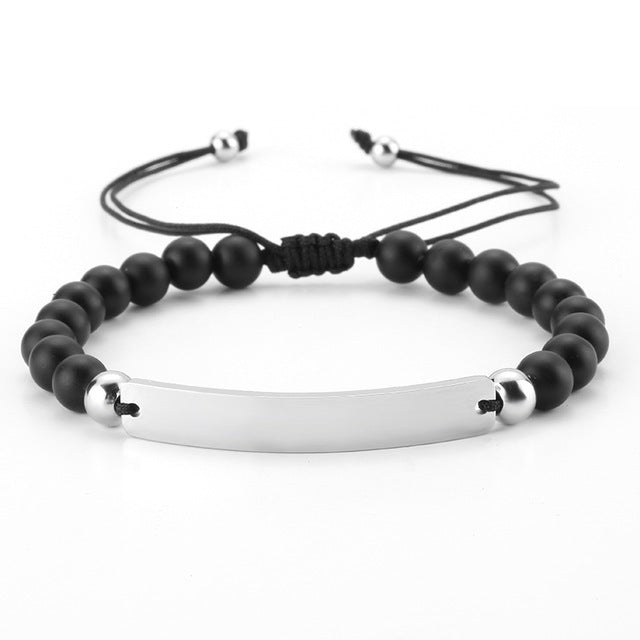 Pulsera de Obsidiana y Acero con Barra Grabable - Personalizable