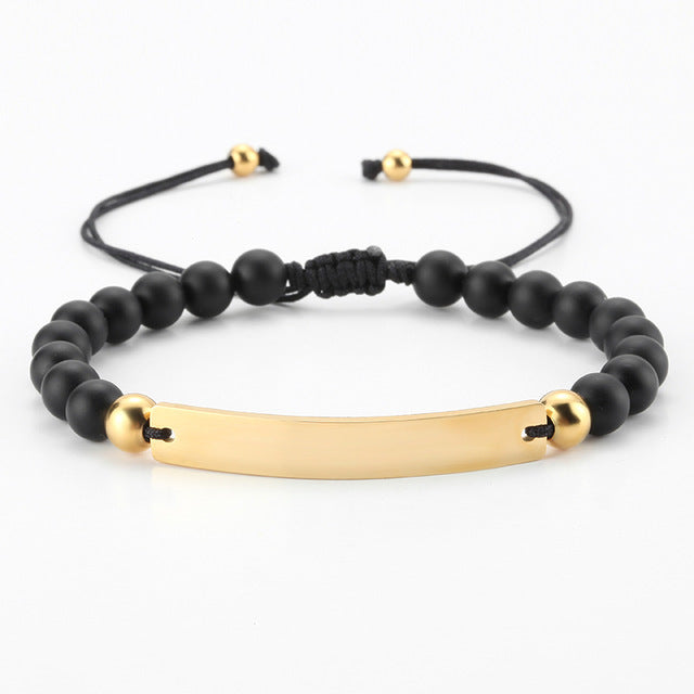 Pulsera de Obsidiana y Acero con Barra Grabable - Personalizable