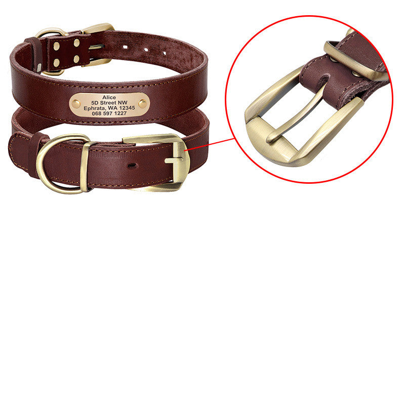 Collar de Cuero  con Placa de Identificación Dorada Personalizable