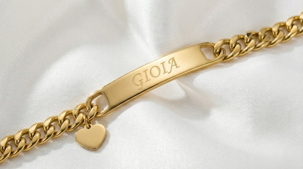 Brazalete dorado con placa grabada y nombre de perro — pulsera personalizada de acero para dueños de mascotas