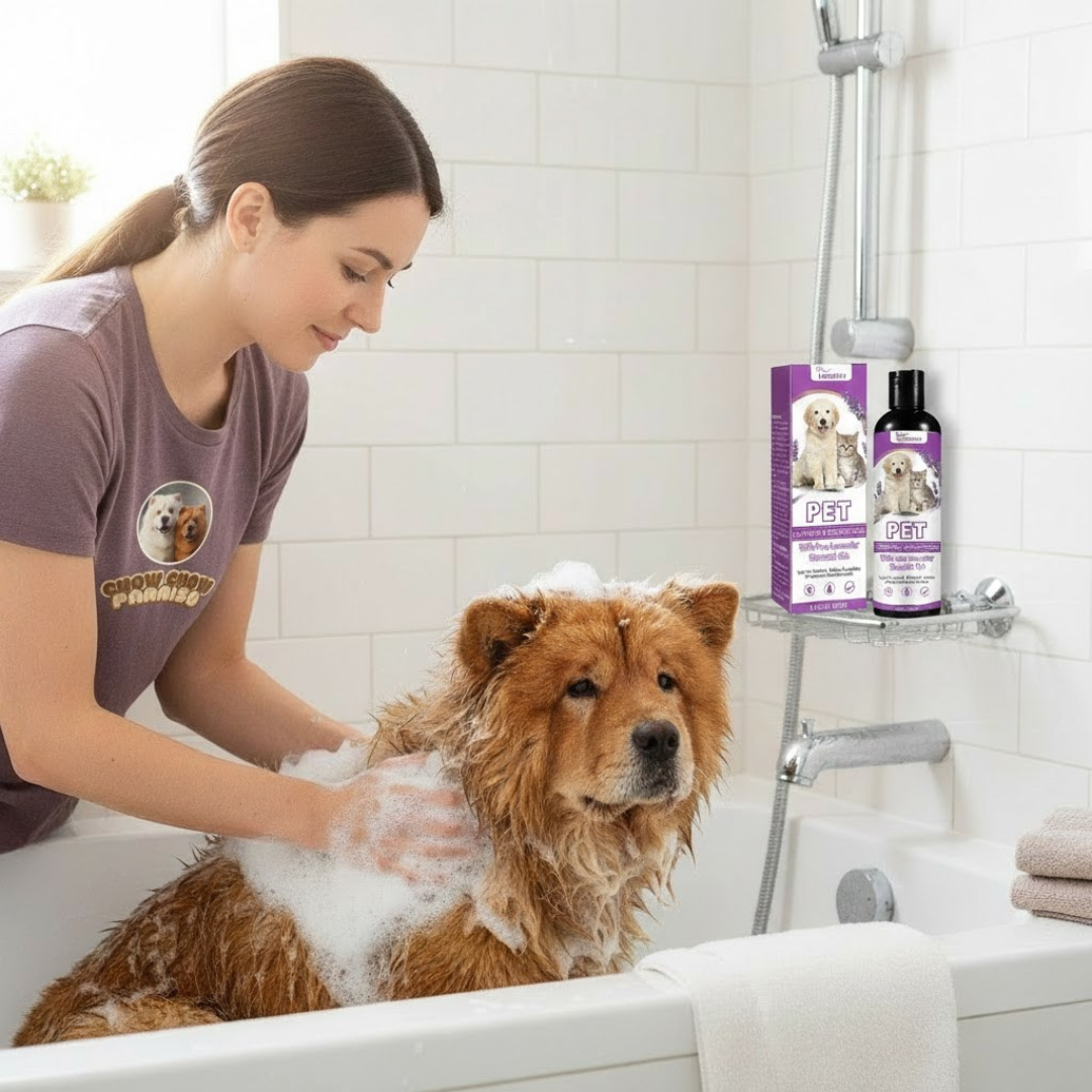 Shampoo calmante para mascotas con aceite esencial de lavanda para piel sensible